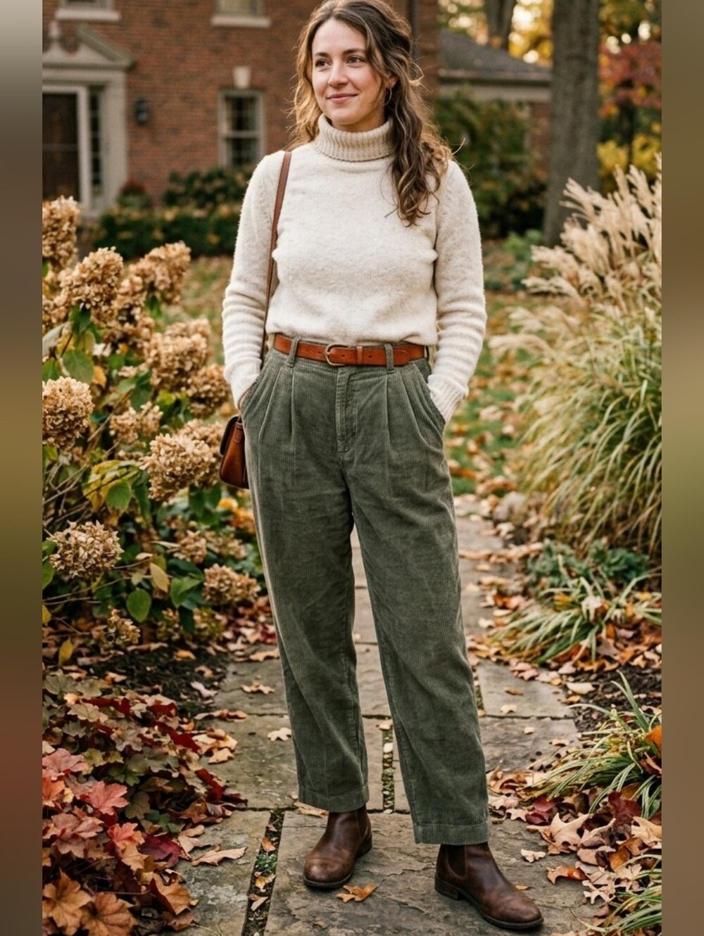 VTG Liz Sport Olive Green Corduroy Pants Pleated High Rise Tapered Trousers 10